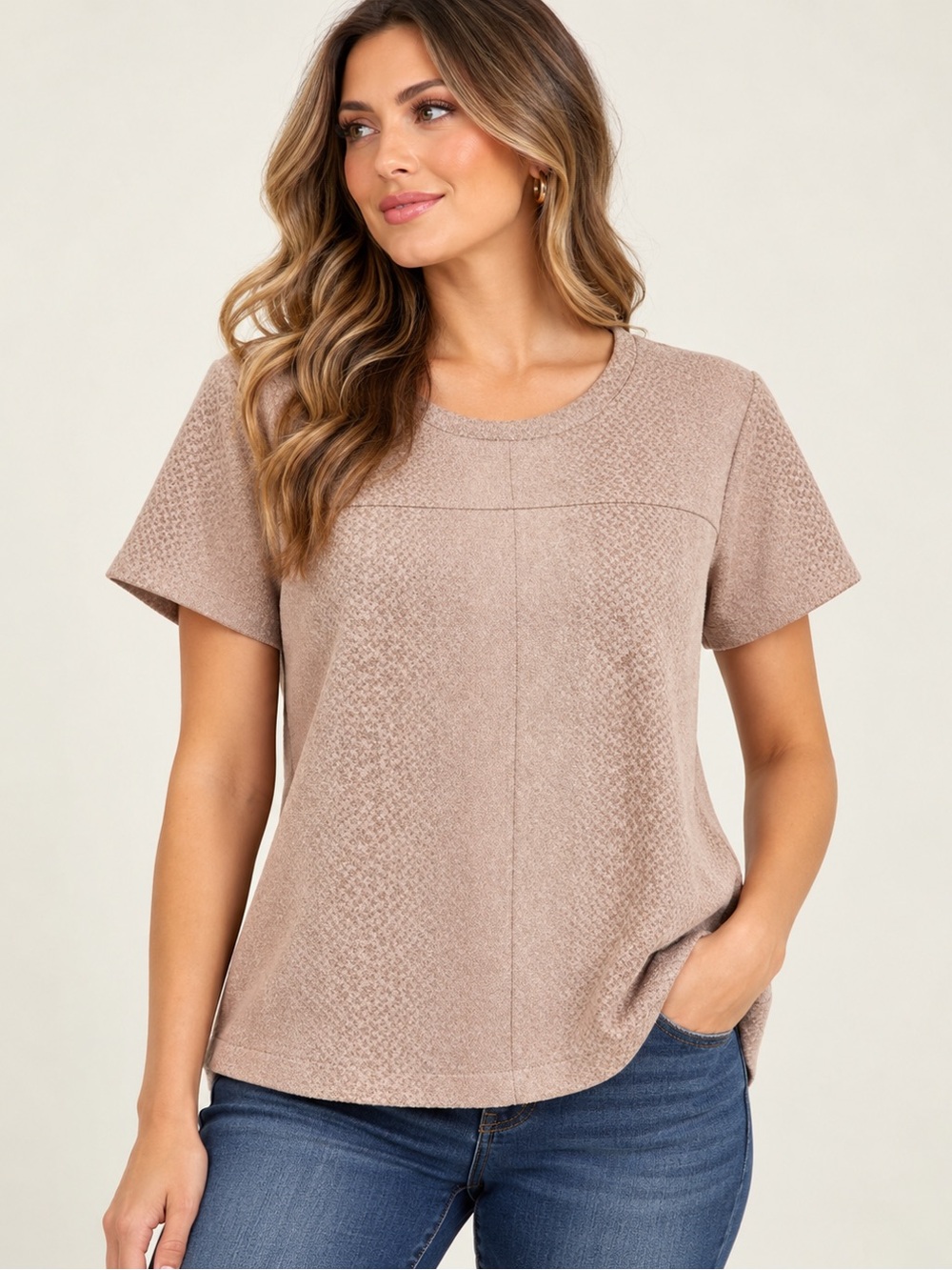 Mystree Taupe Textured Short Sleeve Top